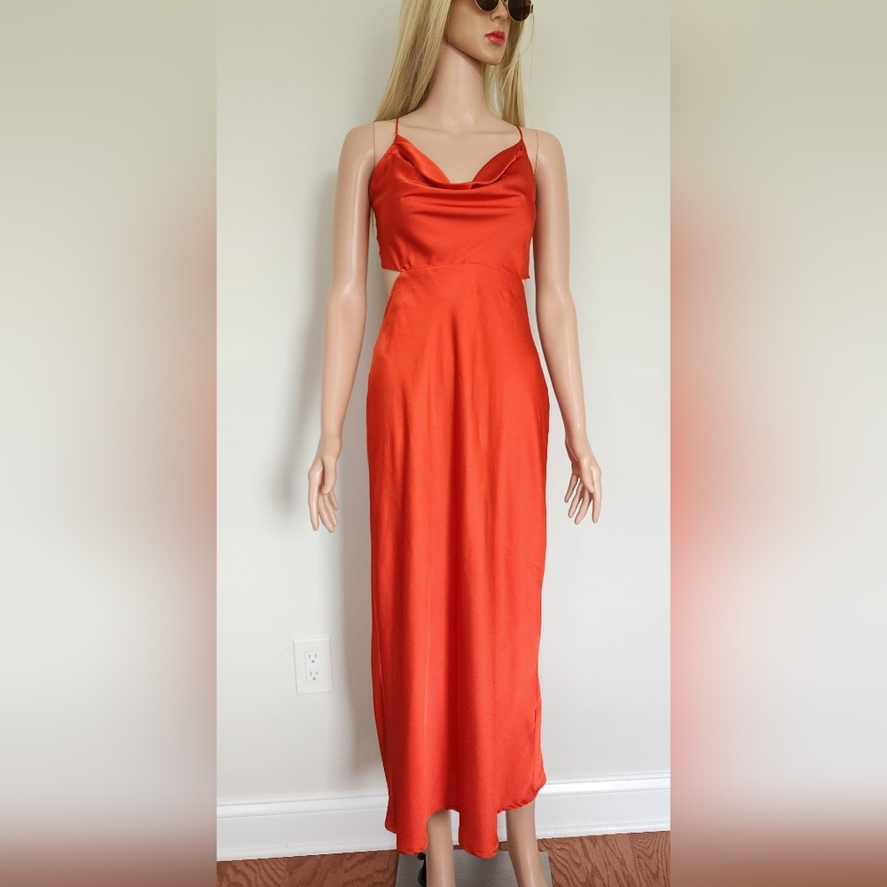 RED RUNWAY SEXY CUTOUT TIE SILKY SATIN FLOWY LIGHT MIDI DRESS LARGE L